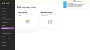 Bulk manage plans page. There is a blue "In progress" notification that says 14 students' course plans are being updated. There is also a progress spinner underneath the "Add courses" tile